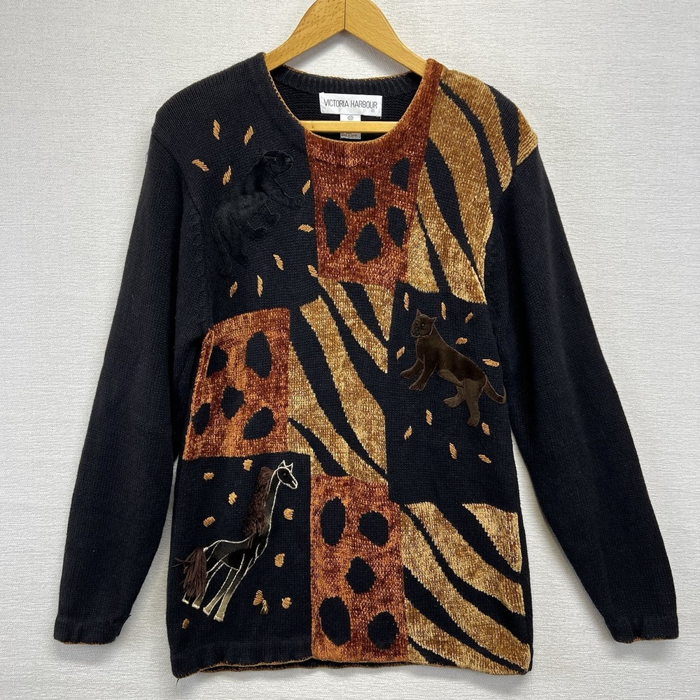 Victoria Harbour Animal Patchwork Sweater Womens M Black VTG 90s Panther Giraffe